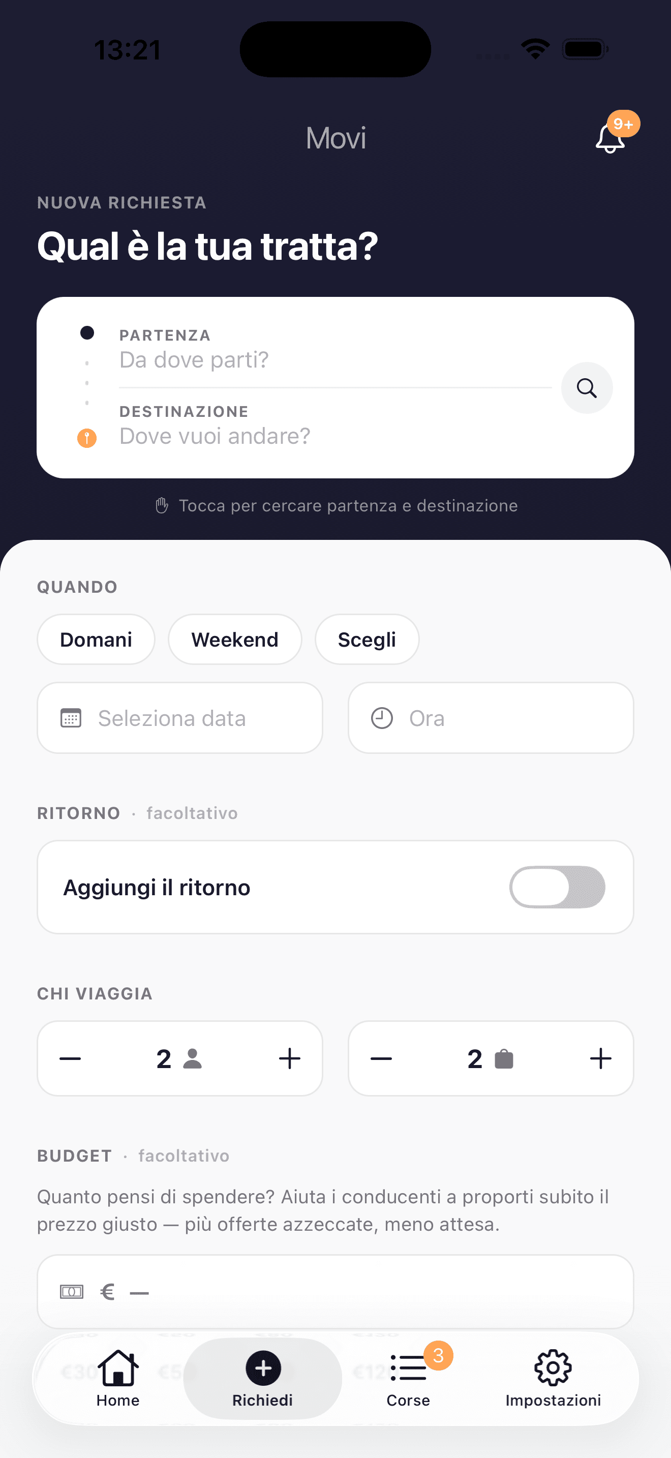 Schermata dell’app Movi per chiedere un transfer: partenza, destinazione, data, passeggeri e bagagli.