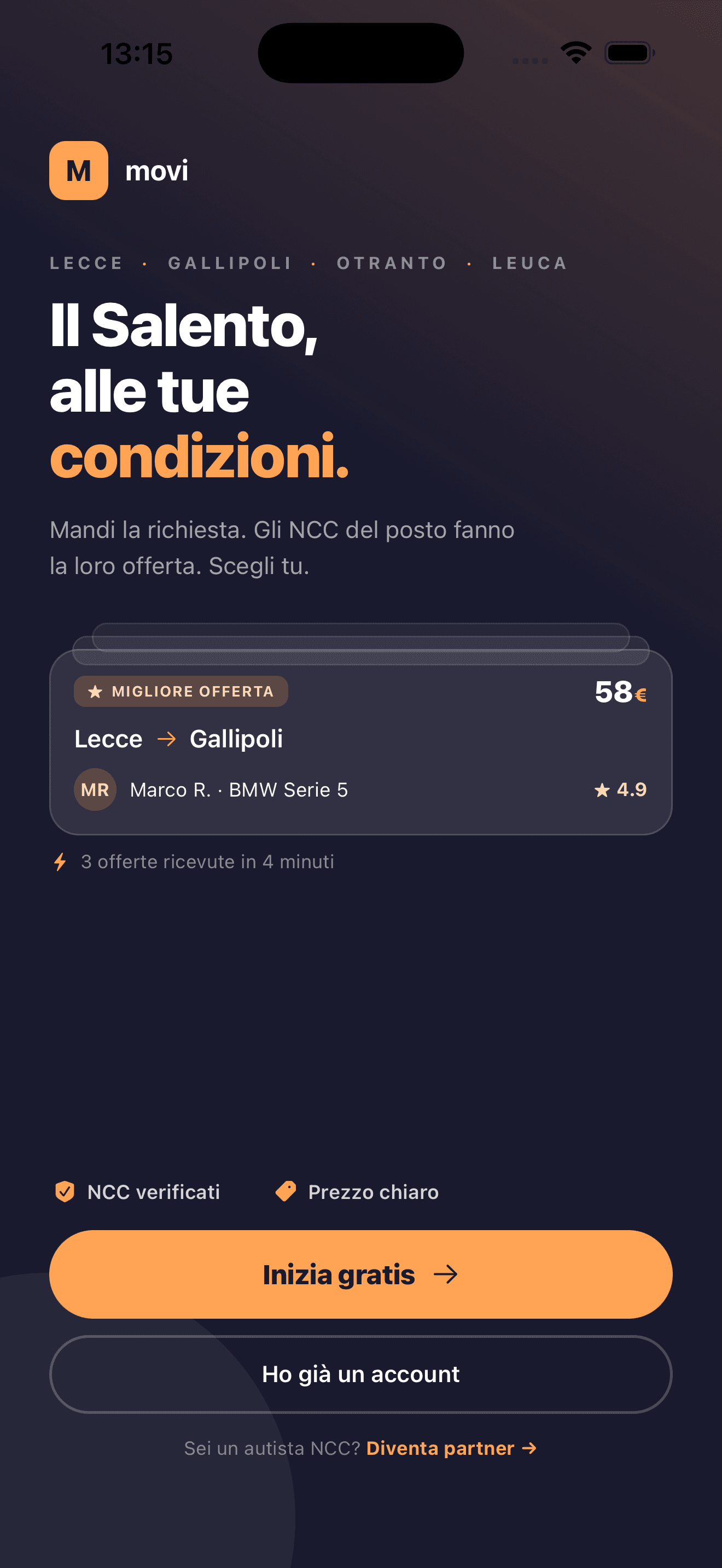 Schermata iniziale dell’app Movi: «Il Salento, alle tue condizioni». Mandi la richiesta, gli NCC del posto fanno la loro offerta, scegli tu.